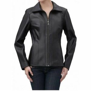 JACQUELINE FERRAR ESSENTIAL BLACK LEATHER ZIP UP JACKET SIZE LARGE EUC